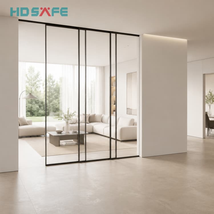 Modern Interior Glass Sliding Doors Slim Black Frame Partition Door Factory
