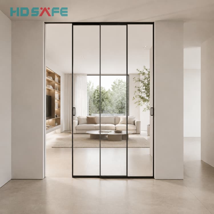 Modern Interior Glass Sliding Doors Slim Black Frame Partition Door Factory