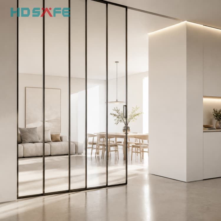 Modern Interior Glass Sliding Doors Slim Black Frame Partition Door Factory