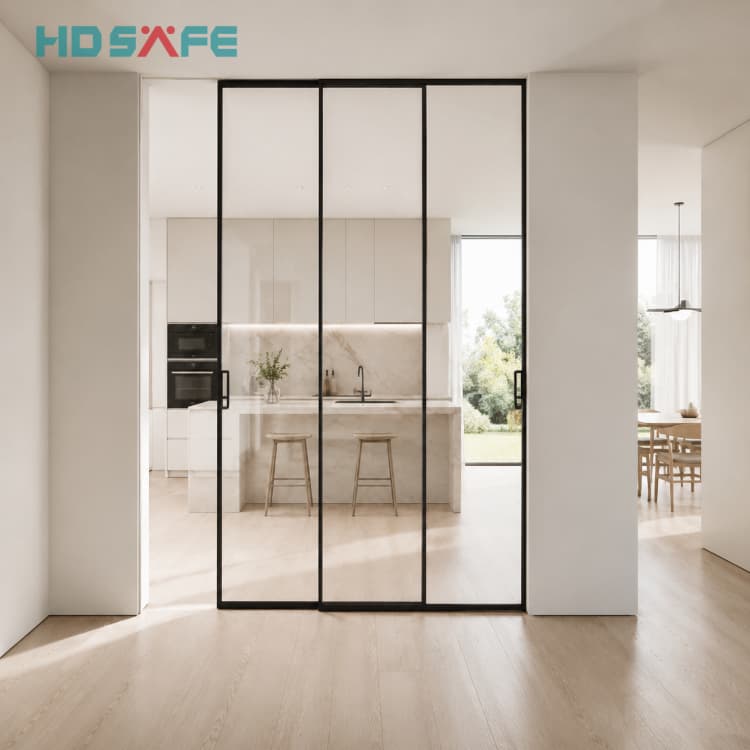 Modern Interior Glass Sliding Doors Slim Black Frame Partition Door Factory