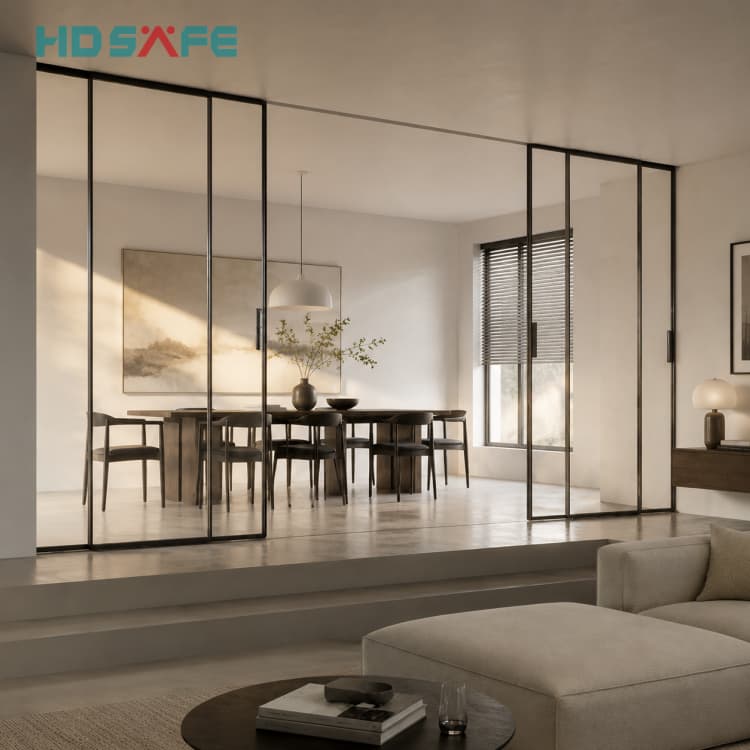 Modern Interior Glass Sliding Doors Slim Black Frame Partition Door Factory