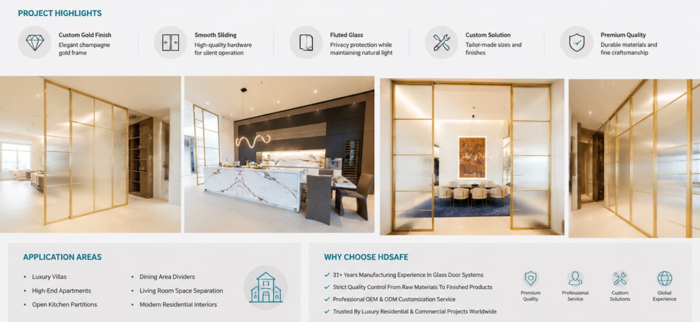 New York Luxury Villa Sliding Glass Partition Project | Custom Champagne Gold Glass Door System