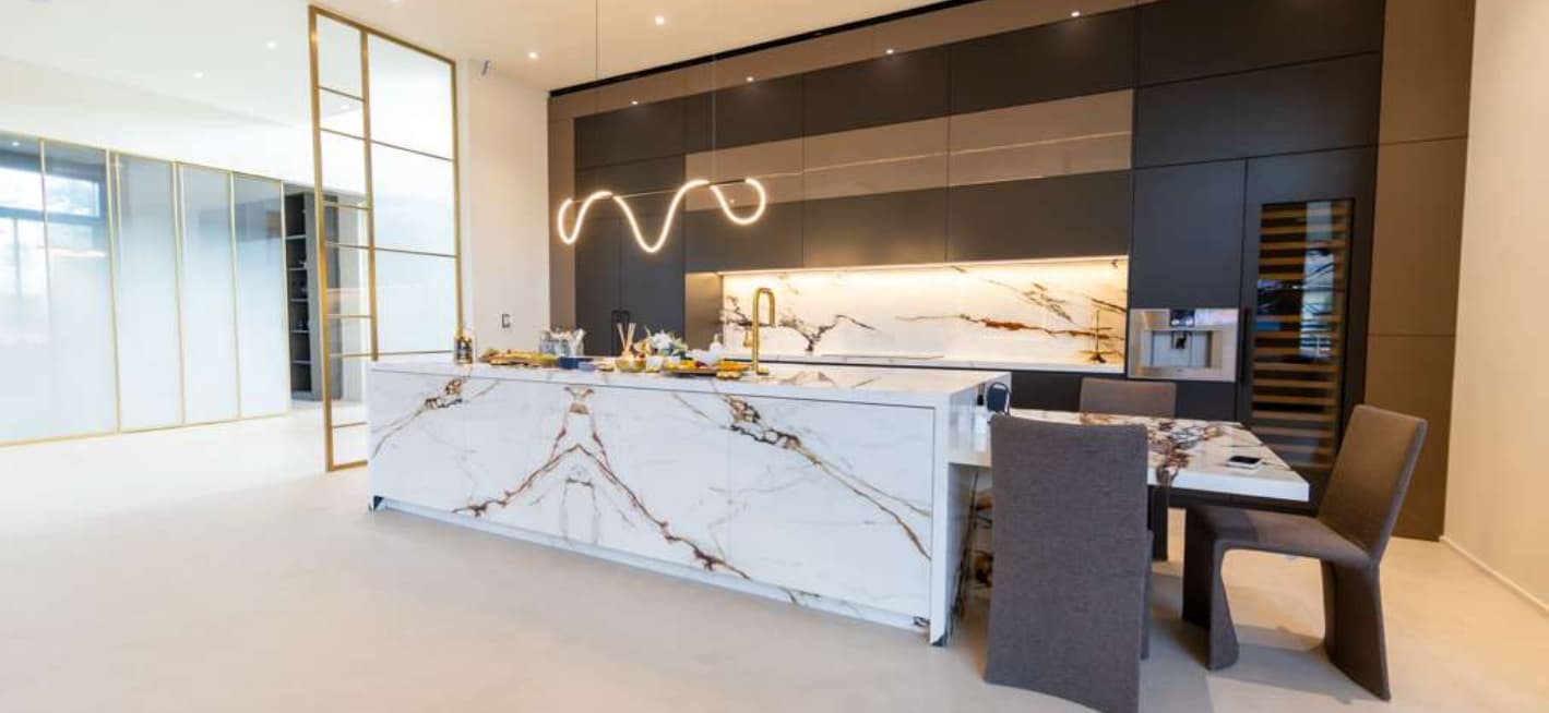 New York Luxury Villa Sliding Glass Partition Project | Custom Champagne Gold Glass Door System