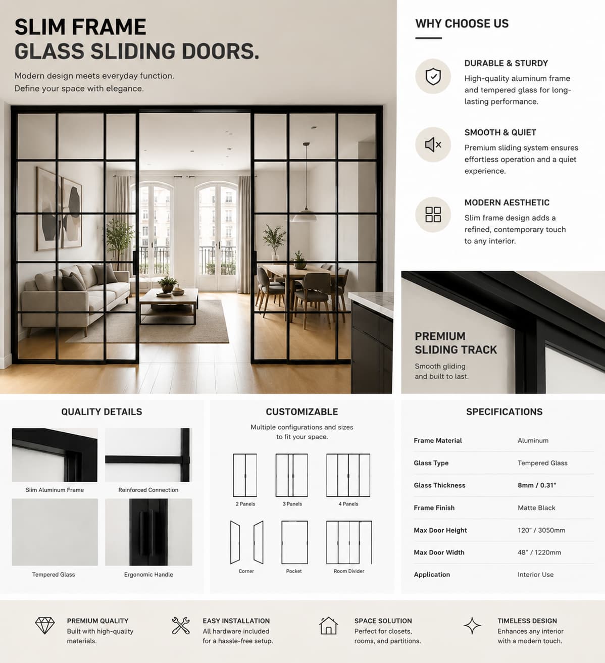 European Style Frosted Glass Sliding Doors for Modern Interiors with Slim Frames