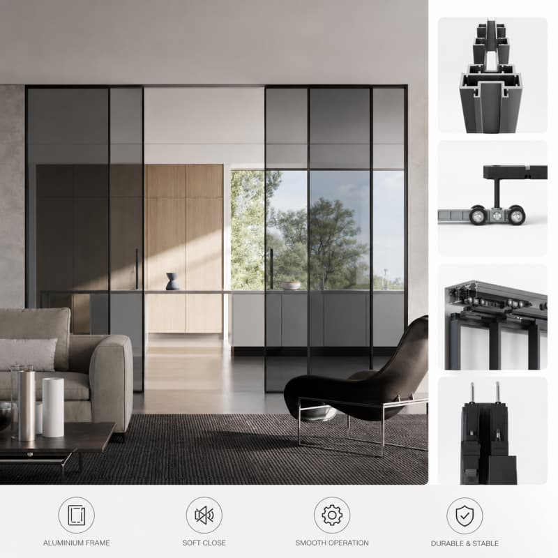 Black Frame Sliding Glass Door Minimalist Design 120KG Load Tested