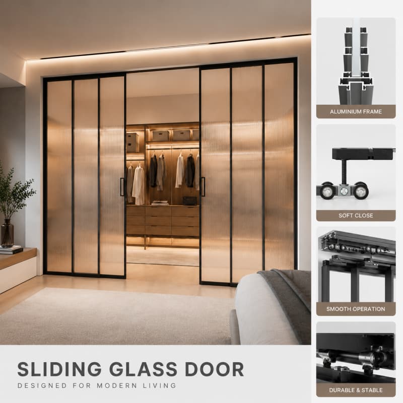 Black Frame Sliding Glass Door Minimalist Design 120KG Load Tested