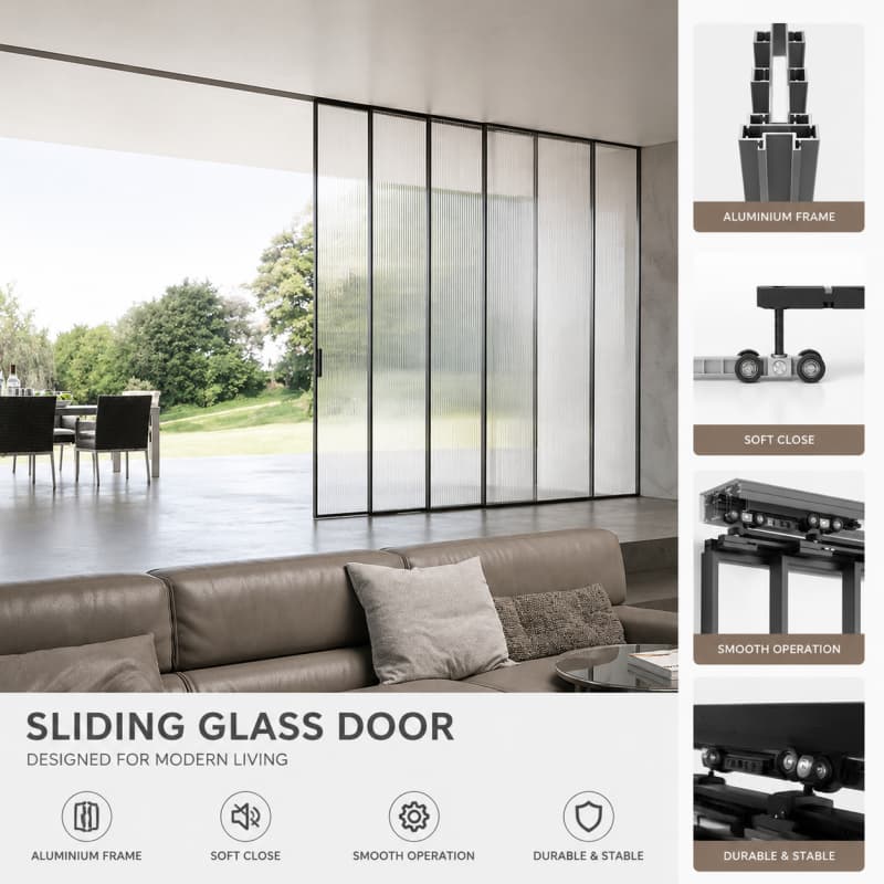 Black Frame Sliding Glass Door Minimalist Design 120KG Load Tested