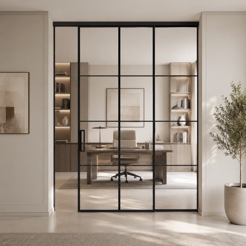 Minimalist French-Style Black Metal Sliding Door Slim Profile Tempered Glass Pocket Door