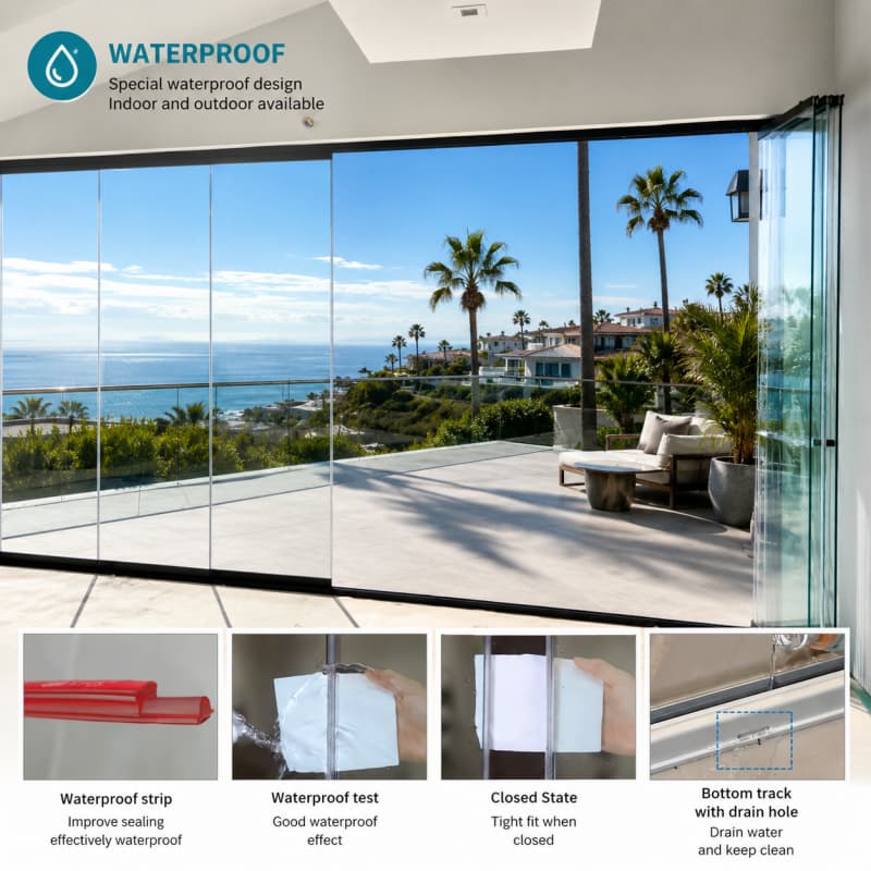 Commercial Residential Bifold Door Terrace Glass Curtain Balcony Movable Glass Partition
