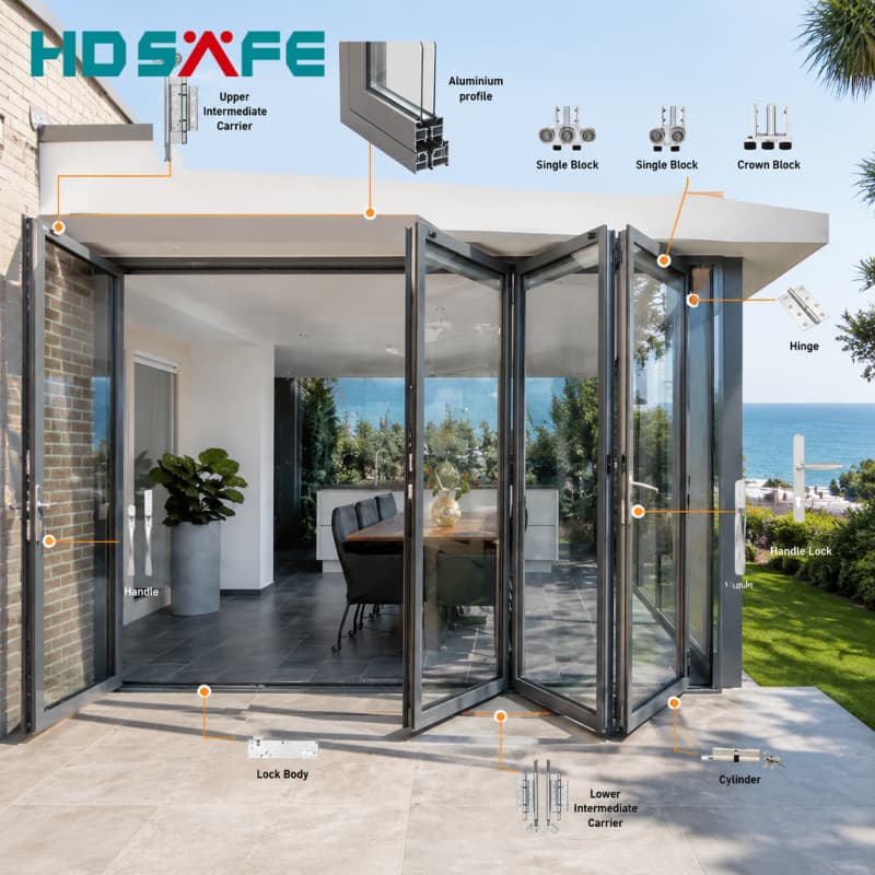 Commercial Aluminum Glass Exterior Bifold Doors Double Glazing Accordion Door